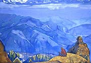 disciple looking out over mountain range and village